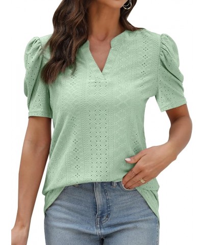 Womens Dressy Casual Tops Short Puff Sleeve Cute Blouses Loose Fit Fashion 2023 Summer Ladies T-Shirts Light Green $9.00 Tops