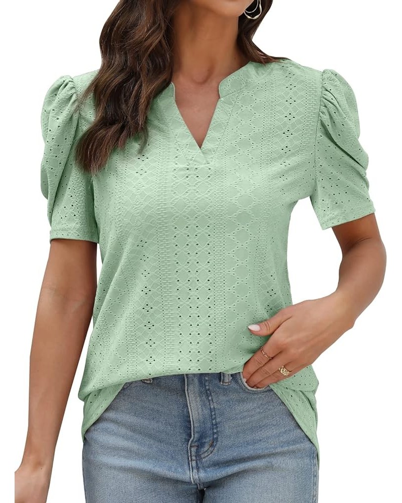 Womens Dressy Casual Tops Short Puff Sleeve Cute Blouses Loose Fit Fashion 2023 Summer Ladies T-Shirts Light Green $9.00 Tops