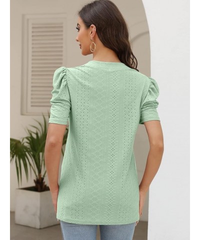 Womens Dressy Casual Tops Short Puff Sleeve Cute Blouses Loose Fit Fashion 2023 Summer Ladies T-Shirts Light Green $9.00 Tops