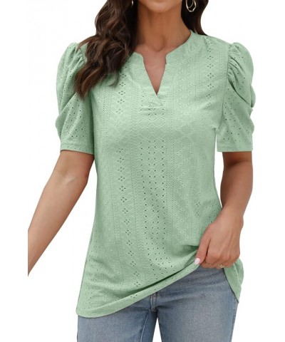 Womens Dressy Casual Tops Short Puff Sleeve Cute Blouses Loose Fit Fashion 2023 Summer Ladies T-Shirts Light Green $9.00 Tops