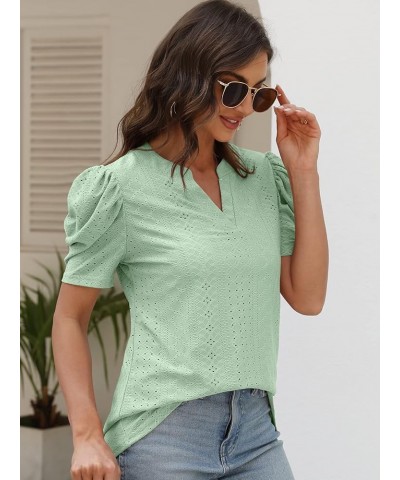 Womens Dressy Casual Tops Short Puff Sleeve Cute Blouses Loose Fit Fashion 2023 Summer Ladies T-Shirts Light Green $9.00 Tops