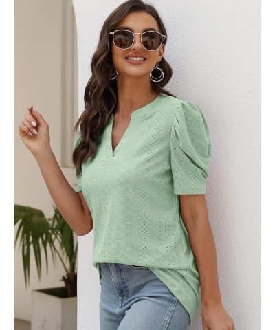 Womens Dressy Casual Tops Short Puff Sleeve Cute Blouses Loose Fit Fashion 2023 Summer Ladies T-Shirts Light Green $9.00 Tops