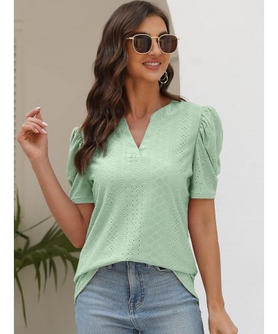 Womens Dressy Casual Tops Short Puff Sleeve Cute Blouses Loose Fit Fashion 2023 Summer Ladies T-Shirts Light Green $9.00 Tops