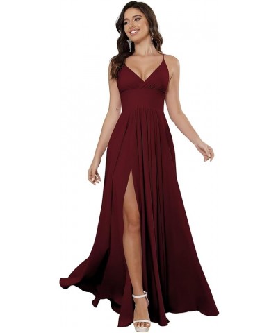 Women's Spaghetti Strap Bridesmaid Dresses Long with Slit Ruched Formal Party Dress with Pockets CM255 Burgundy $22.08 Dresses