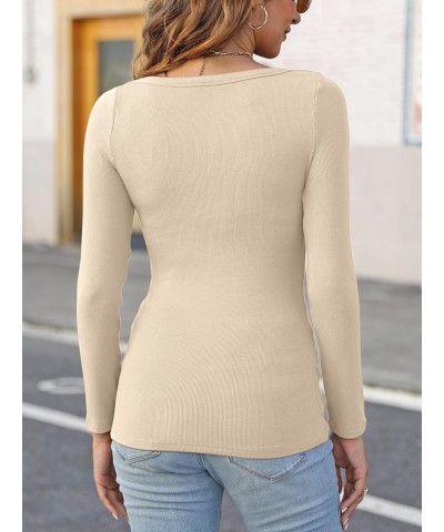 Women's Long Sleeve Shirts Square Neck Crop Top Ribbed Knit Slim Fitted Basic Tees Fall Clothes A Apricot $13.56 T-Shirts