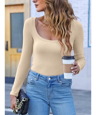 Women's Long Sleeve Shirts Square Neck Crop Top Ribbed Knit Slim Fitted Basic Tees Fall Clothes A Apricot $13.56 T-Shirts