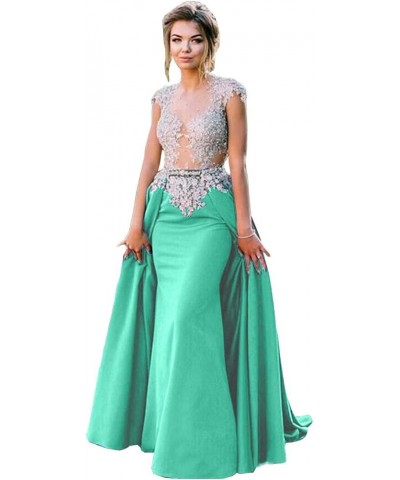 Women's Lace Appliques Prom Dress Mermaid Formal Evening Gowns with Detachable Train Mint $58.50 Dresses