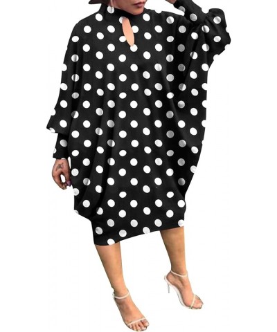 Women Polka Dot Midi Dresses Oversized Long Sleeve Halter Neck Dress Black $16.49 Dresses