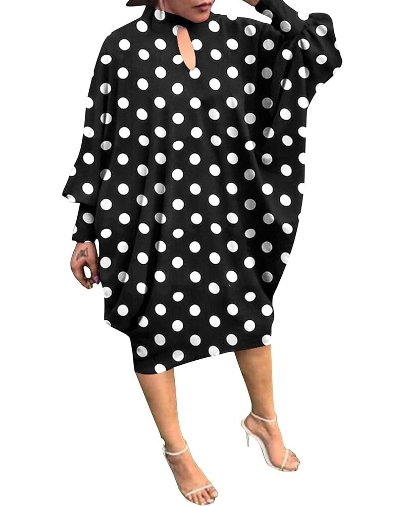 Women Polka Dot Midi Dresses Oversized Long Sleeve Halter Neck Dress Black $16.49 Dresses