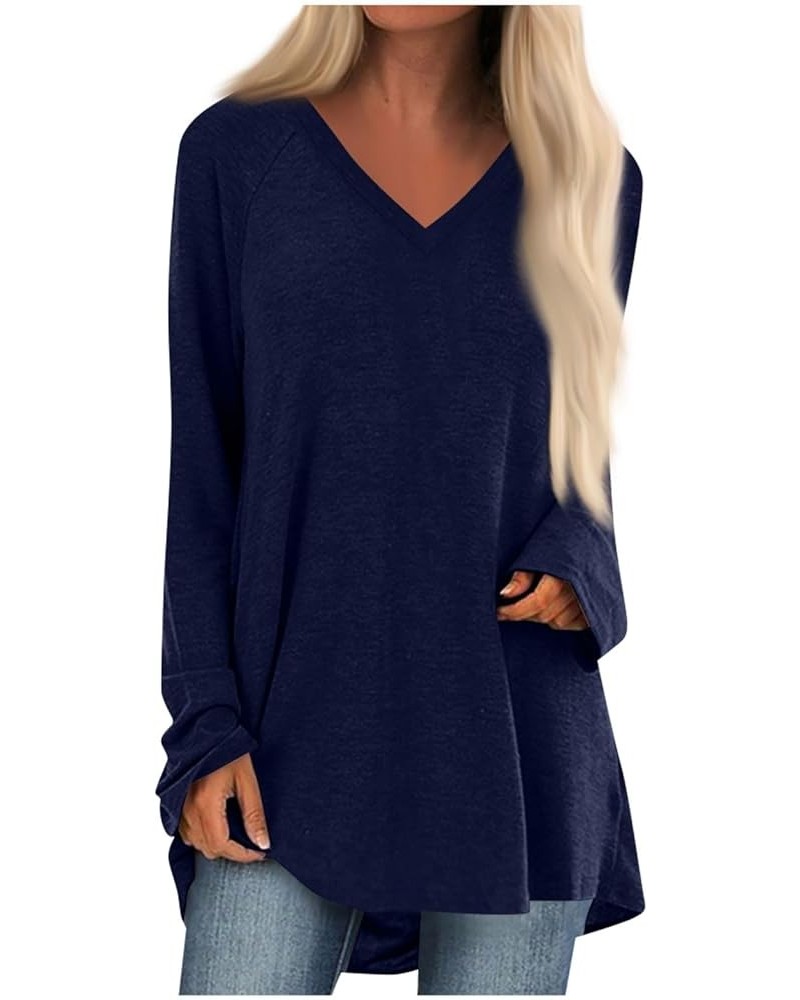 Tops for Women Winter Shirt Long Sleeve Womens Blouses Dressy Solid Color Tunic Fall Sweatshirts V Neck Clothes F51-navy $11....