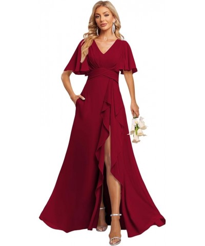 Women's V Neck Flutter Sleeve Bridesmaid Dresses with Pockets A Line Long Formal Party Dress with Slit DI89 Wine Red $31.60 D...