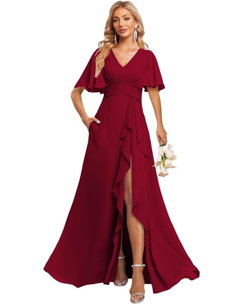 Women's V Neck Flutter Sleeve Bridesmaid Dresses with Pockets A Line Long Formal Party Dress with Slit DI89 Wine Red $31.60 D...