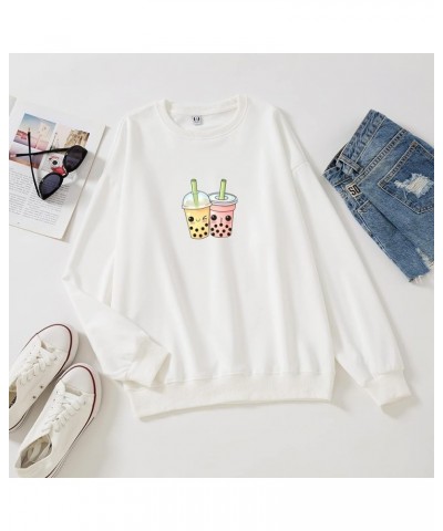 Cute Boba Milk Tea Crewneck Sweatshirt Teen Girls Trendy Oversized Y2K Kawaii Long Sleeves Hoodie Womens Pullover White $9.96...