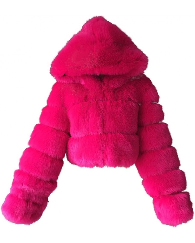 Women Fluffy Faux Fur Hooded Coat Cropped Puffer Jackets Zip Up Luxury Winter Warm Fuzzy Teddy Jacket Parka Outwear Hot Pink ...