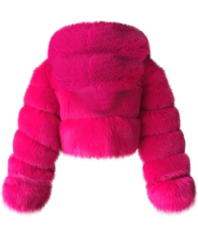 Women Fluffy Faux Fur Hooded Coat Cropped Puffer Jackets Zip Up Luxury Winter Warm Fuzzy Teddy Jacket Parka Outwear Hot Pink ...