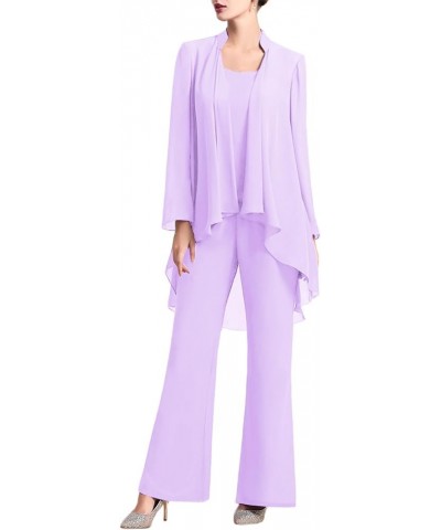 Women's Mother of The Bride Pants Suits Chiffon Lace 3 Piece Wedding Guest Outfits Evening Gowns Sets Z Lavender $17.34 Suits