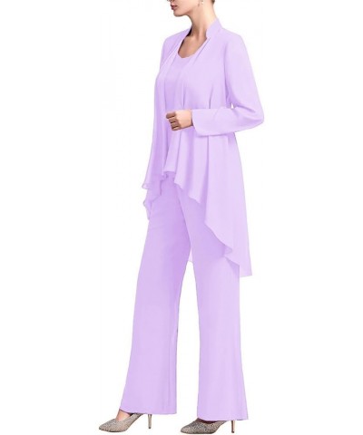 Women's Mother of The Bride Pants Suits Chiffon Lace 3 Piece Wedding Guest Outfits Evening Gowns Sets Z Lavender $17.34 Suits