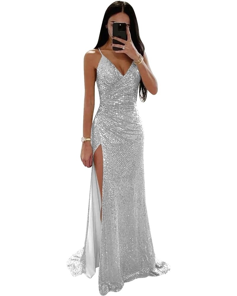 Spaghetti Straps Sequin Mermaid Prom Dresses for Women Long Wrap Slit Formal Evening Party Gown Silver $41.24 Dresses