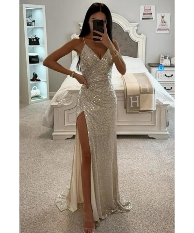 Spaghetti Straps Sequin Mermaid Prom Dresses for Women Long Wrap Slit Formal Evening Party Gown Silver $41.24 Dresses