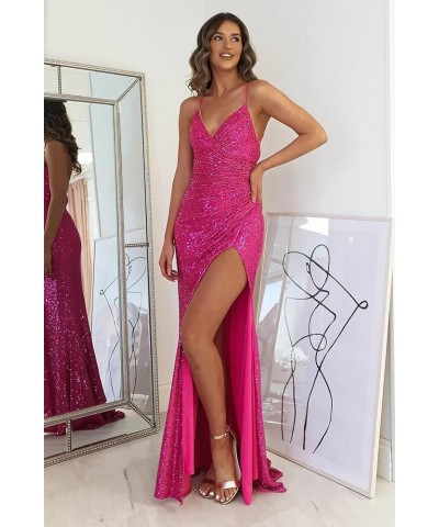 Spaghetti Straps Sequin Mermaid Prom Dresses for Women Long Wrap Slit Formal Evening Party Gown Silver $41.24 Dresses