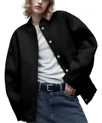 Women's Wool Blend Jacket Oversized Shacket Casual Button Down Varsity Jacket with Pockets 2023 Black $7.79 Coats