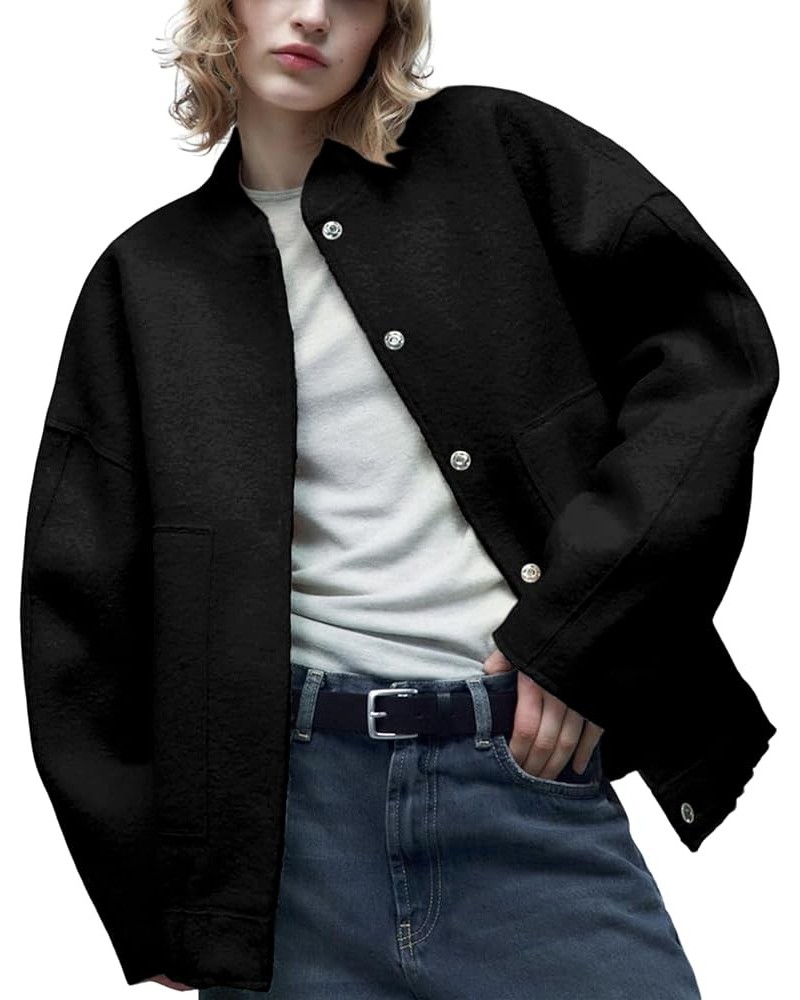 Women's Wool Blend Jacket Oversized Shacket Casual Button Down Varsity Jacket with Pockets 2023 Black $7.79 Coats