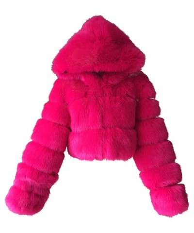 Women Fluffy Faux Fur Hooded Coat Cropped Puffer Jackets Zip Up Luxury Winter Warm Fuzzy Teddy Jacket Parka Outwear Hot Pink ...