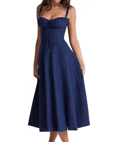 Women Y2k Square Neck Midi Dress Sleeveless Low Cut Tie Front Corset Dress Flowy A Line Long Sundress Midi-blue $13.43 Dresses