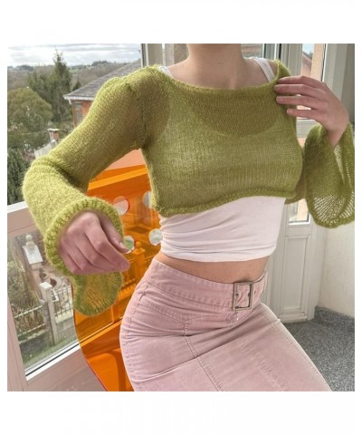 Women Y2K Crochet Knit Crop Tops Color Block Patchwork Shirts Colorful Rainbow Sweater Pullover Coverups Streetwear V-green $...