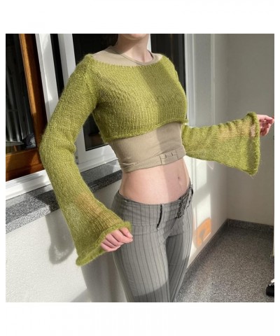 Women Y2K Crochet Knit Crop Tops Color Block Patchwork Shirts Colorful Rainbow Sweater Pullover Coverups Streetwear V-green $...