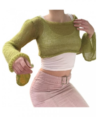 Women Y2K Crochet Knit Crop Tops Color Block Patchwork Shirts Colorful Rainbow Sweater Pullover Coverups Streetwear V-green $...