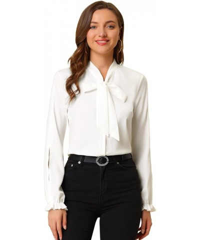 Work Blouse for Women's Elegant Bow Tie Neck Long Sleeve Shirt Top White $17.43 Blouses