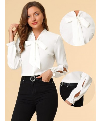 Work Blouse for Women's Elegant Bow Tie Neck Long Sleeve Shirt Top White $17.43 Blouses