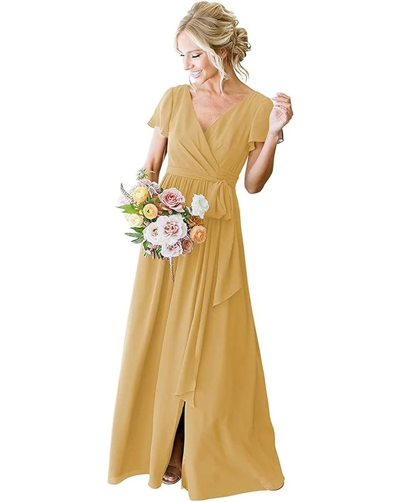 Women's V-Neck Short Sleeve Bridesmaid Dress with Pockets Pleated Long Chiffon A-line Formal Evening Dresses Gold $32.90 Dresses