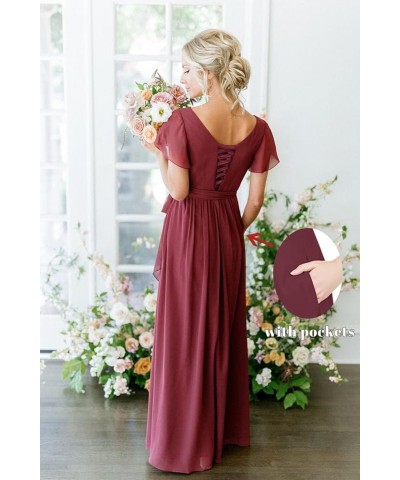 Women's V-Neck Short Sleeve Bridesmaid Dress with Pockets Pleated Long Chiffon A-line Formal Evening Dresses Gold $32.90 Dresses