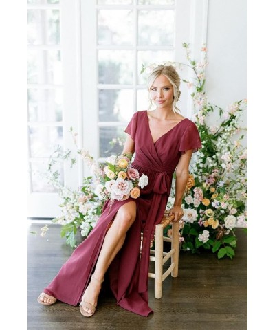 Women's V-Neck Short Sleeve Bridesmaid Dress with Pockets Pleated Long Chiffon A-line Formal Evening Dresses Gold $32.90 Dresses