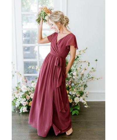 Women's V-Neck Short Sleeve Bridesmaid Dress with Pockets Pleated Long Chiffon A-line Formal Evening Dresses Gold $32.90 Dresses