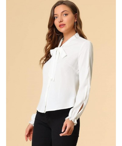 Work Blouse for Women's Elegant Bow Tie Neck Long Sleeve Shirt Top White $17.43 Blouses