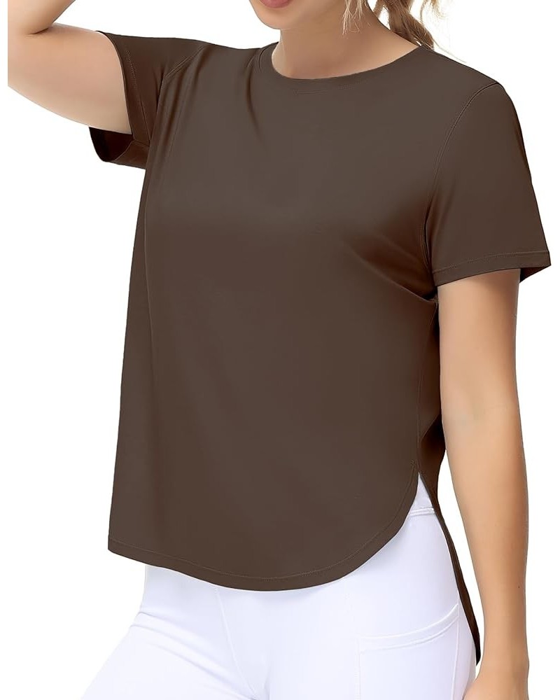 Women's Workout T-Shirts Loose Fit Short Sleeve Cotton Running Basic Tee Tops with Split Hem Brown $11.76 Activewear