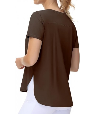 Women's Workout T-Shirts Loose Fit Short Sleeve Cotton Running Basic Tee Tops with Split Hem Brown $11.76 Activewear