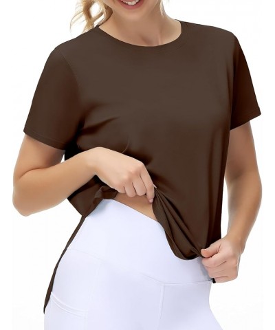 Women's Workout T-Shirts Loose Fit Short Sleeve Cotton Running Basic Tee Tops with Split Hem Brown $11.76 Activewear