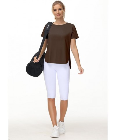 Women's Workout T-Shirts Loose Fit Short Sleeve Cotton Running Basic Tee Tops with Split Hem Brown $11.76 Activewear