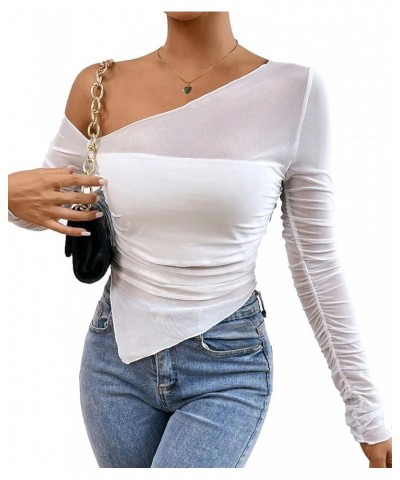 Women's Sheer Mesh Top One Shoulder See Through Long Sleeve Crop Tops Shirt White Asymmetrical $11.21 T-Shirts