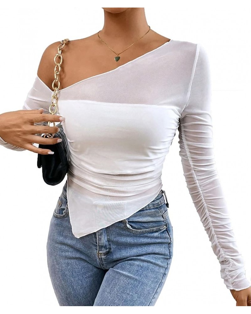 Women's Sheer Mesh Top One Shoulder See Through Long Sleeve Crop Tops Shirt White Asymmetrical $11.21 T-Shirts