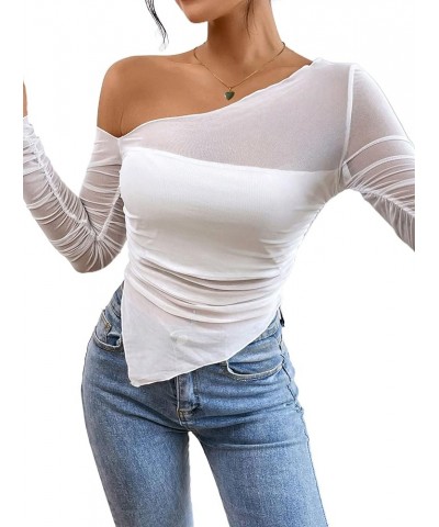 Women's Sheer Mesh Top One Shoulder See Through Long Sleeve Crop Tops Shirt White Asymmetrical $11.21 T-Shirts