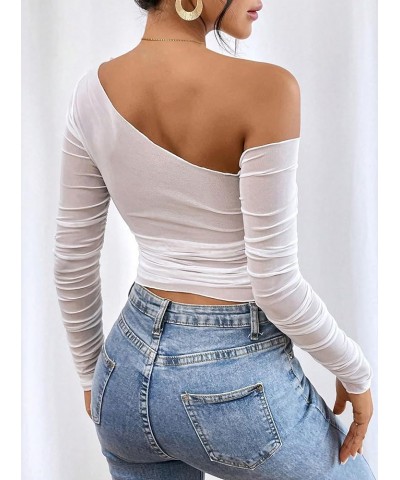 Women's Sheer Mesh Top One Shoulder See Through Long Sleeve Crop Tops Shirt White Asymmetrical $11.21 T-Shirts