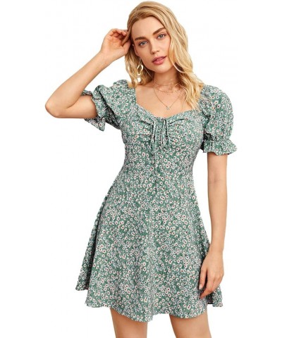 Women's Floral Puff Short Sleeve Ruched A Line Dress V Neck Ruffle Mini Short Dresses 00-green $15.50 Dresses