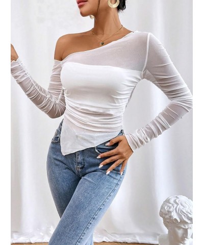 Women's Sheer Mesh Top One Shoulder See Through Long Sleeve Crop Tops Shirt White Asymmetrical $11.21 T-Shirts