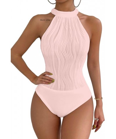 One Shoulder Bodysuit for Women Halter Mock Neck Asymmetrical Sleeveless Body Suit Tops Textured Pink $10.78 Lingerie