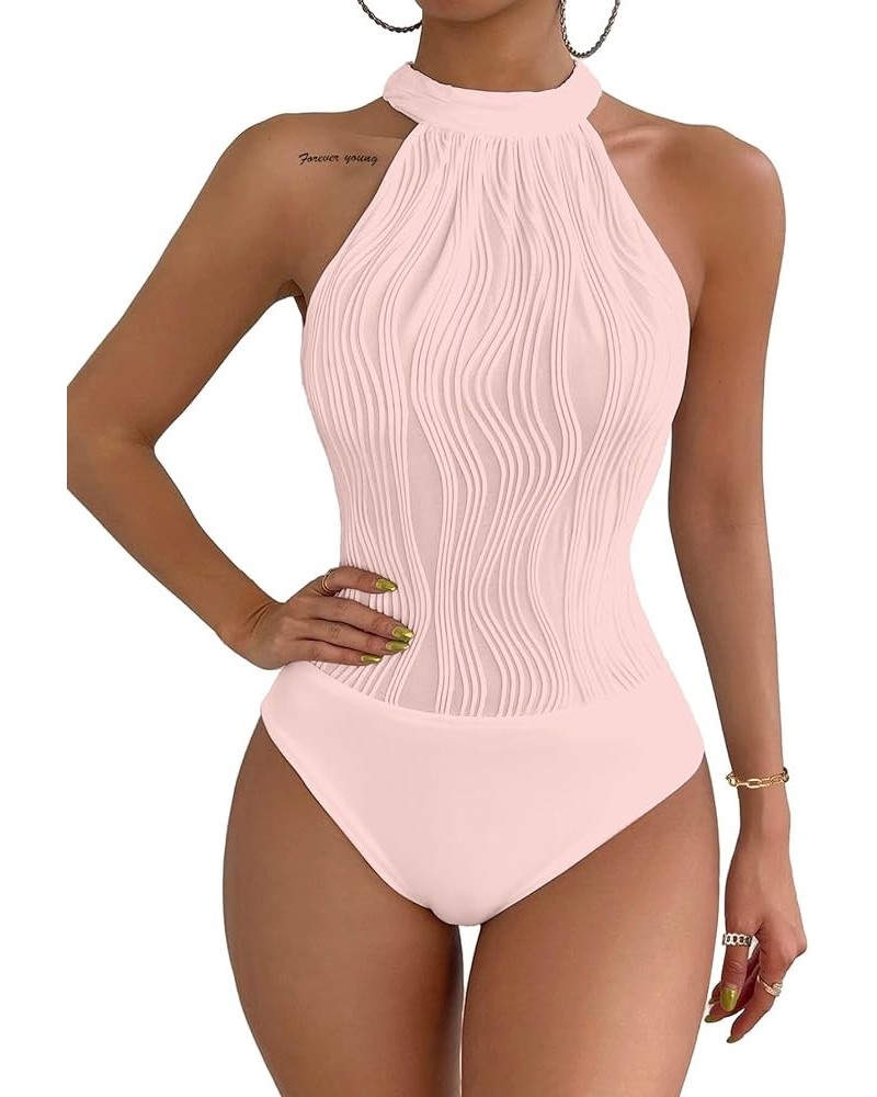 One Shoulder Bodysuit for Women Halter Mock Neck Asymmetrical Sleeveless Body Suit Tops Textured Pink $10.78 Lingerie